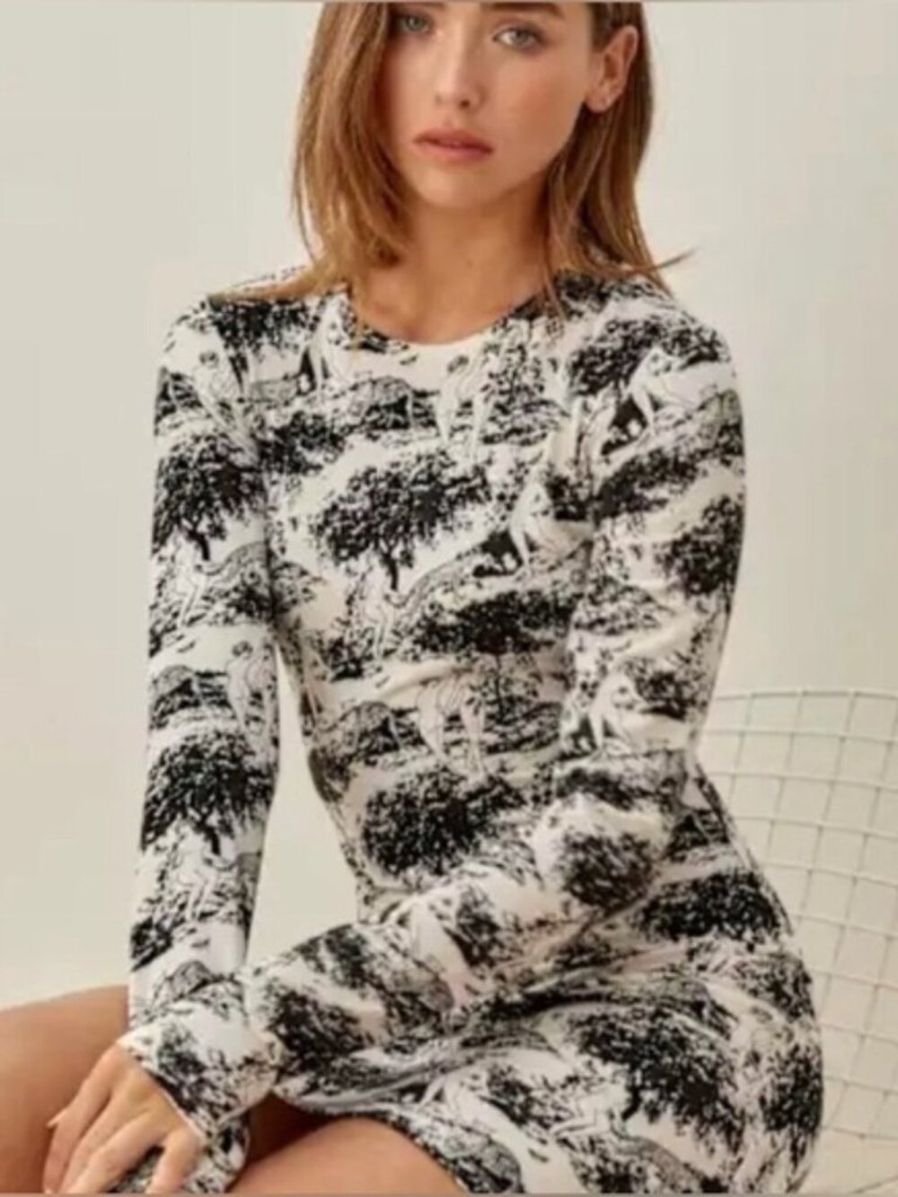 REFORMATION Kenmare Mini Stretch Long Sleeve Naked Print Dress, Size S